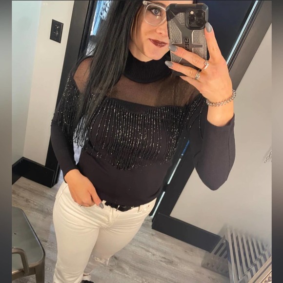 paola bernardi black mesh tassel fringe embellished long sleeve knit sweater new - Picture 1 of 5